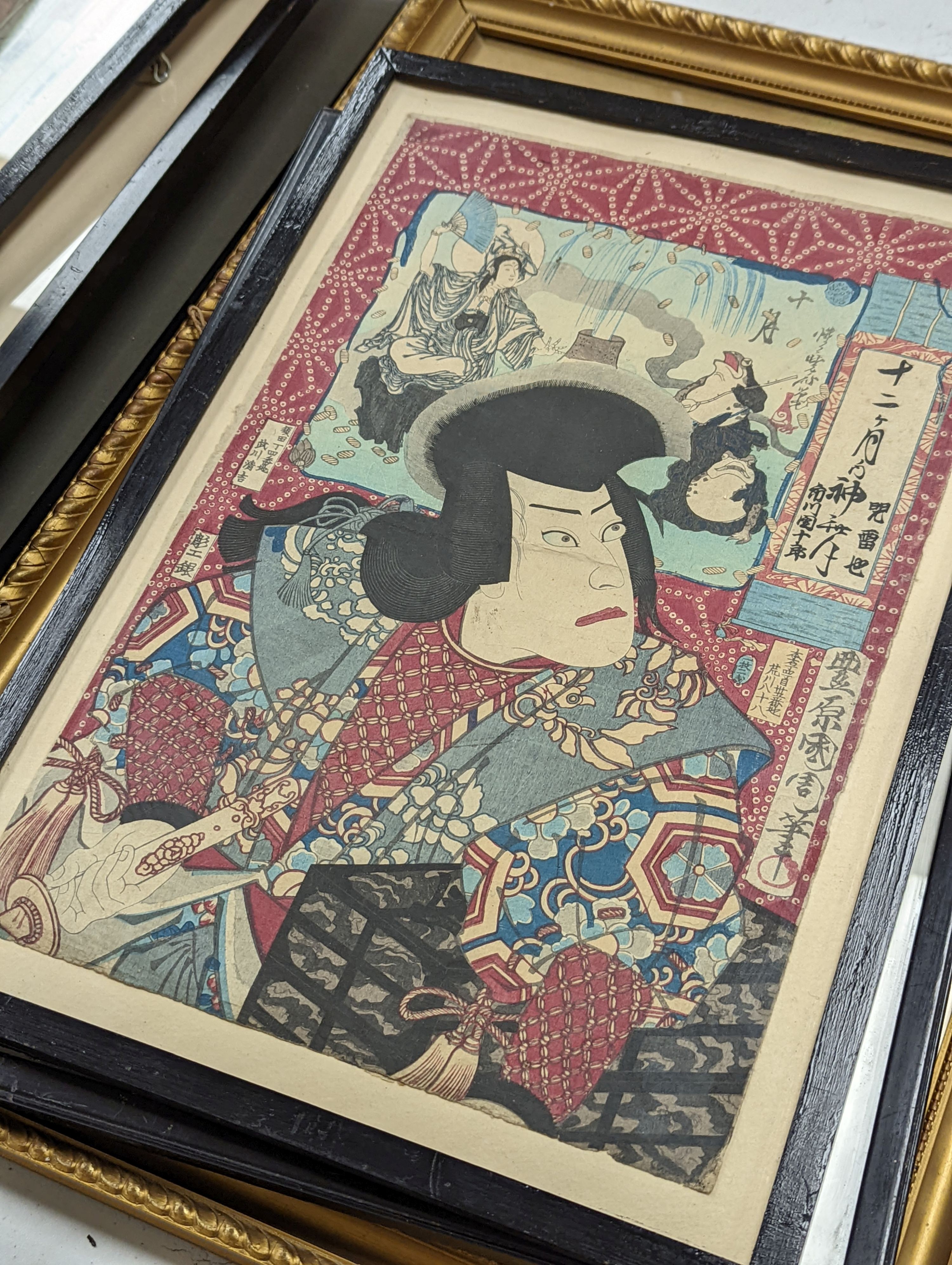 Kunichika (1835-1905), woodblock print, Actors holding a letter, 35 x 25cm with ten other assorted woodblock prints